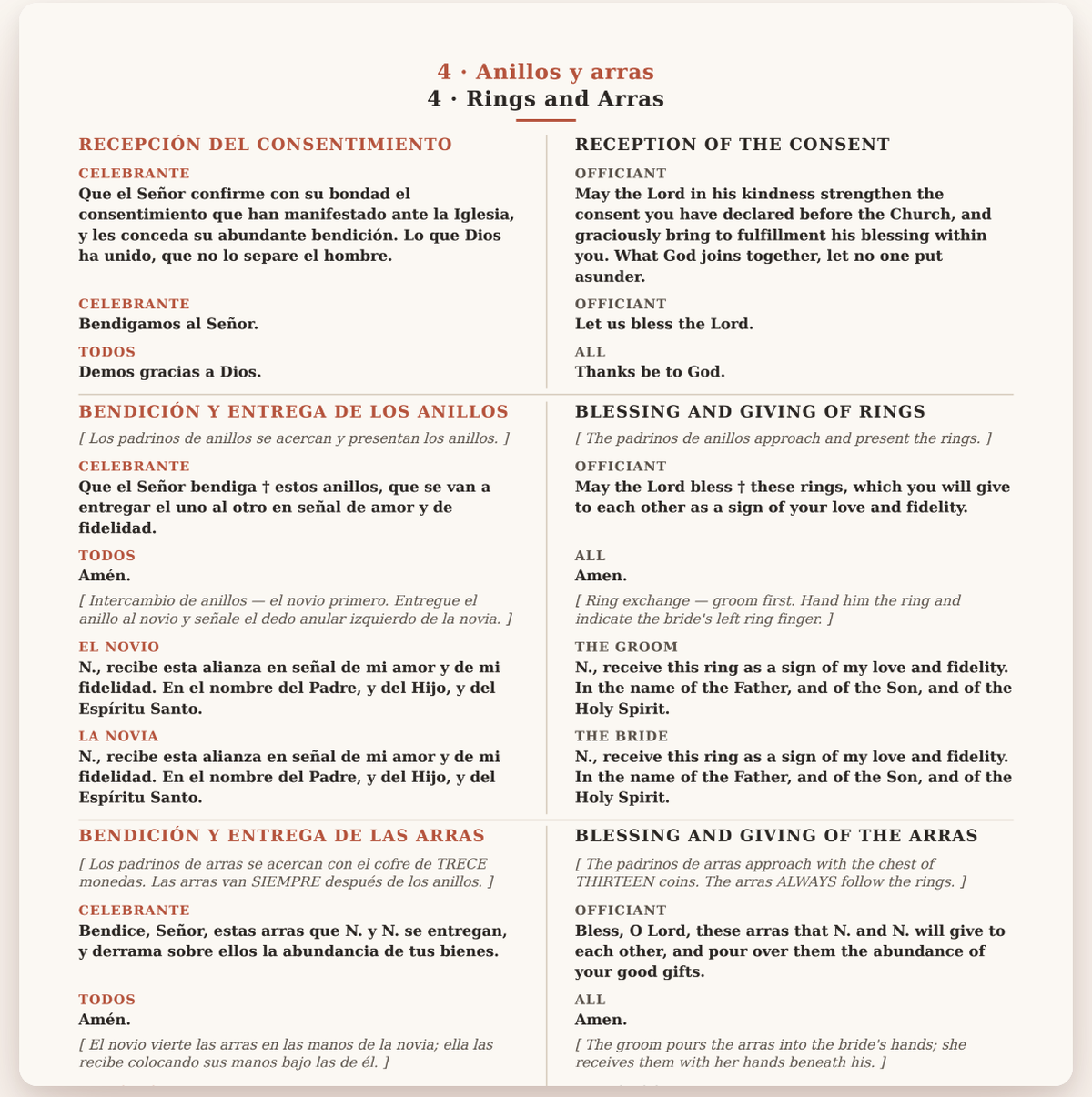 A page of the officiant script showing the Reception of the Consent, the blessing and giving of rings, and the arras, in parallel Spanish and English columns with italic stage directions.
